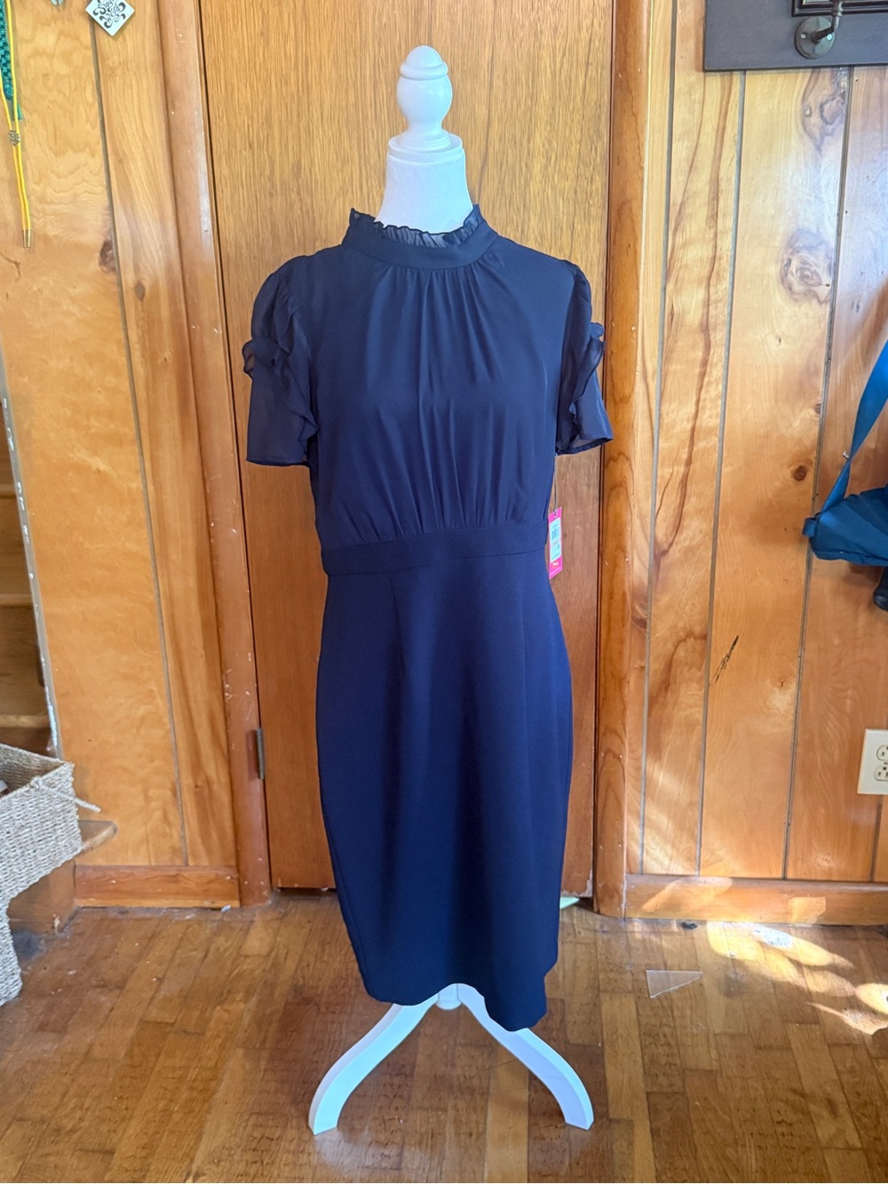 Vince Camuto Navy Short-Sleeve Ruffle-Trim Midi Dress